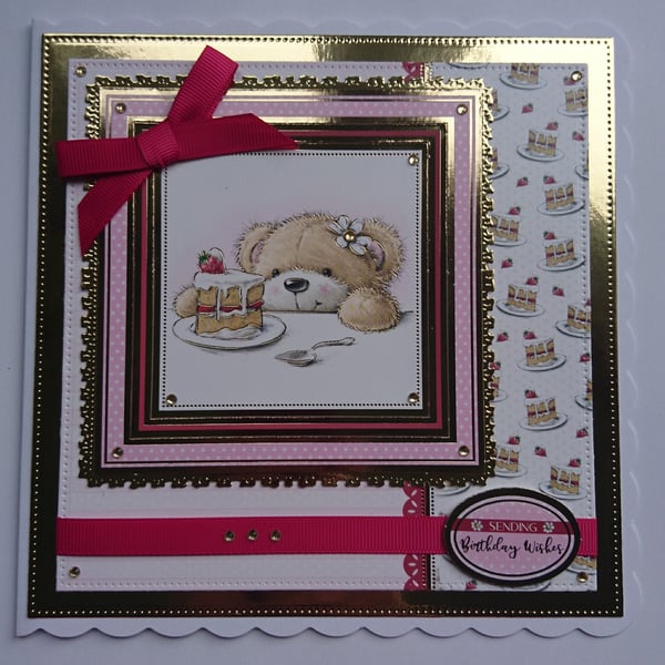 Birthday Card Girl Teddy Bear Sending Birthday Wishes Slice of Cake