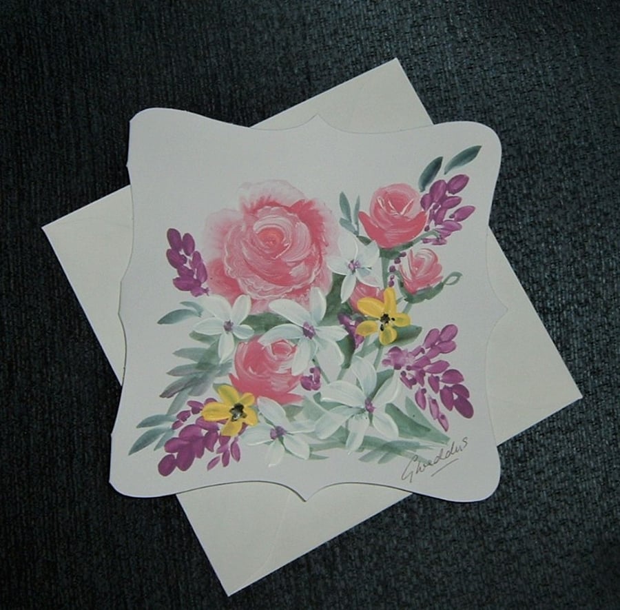 hand painted original art floral greetings card ( ref F 914 )