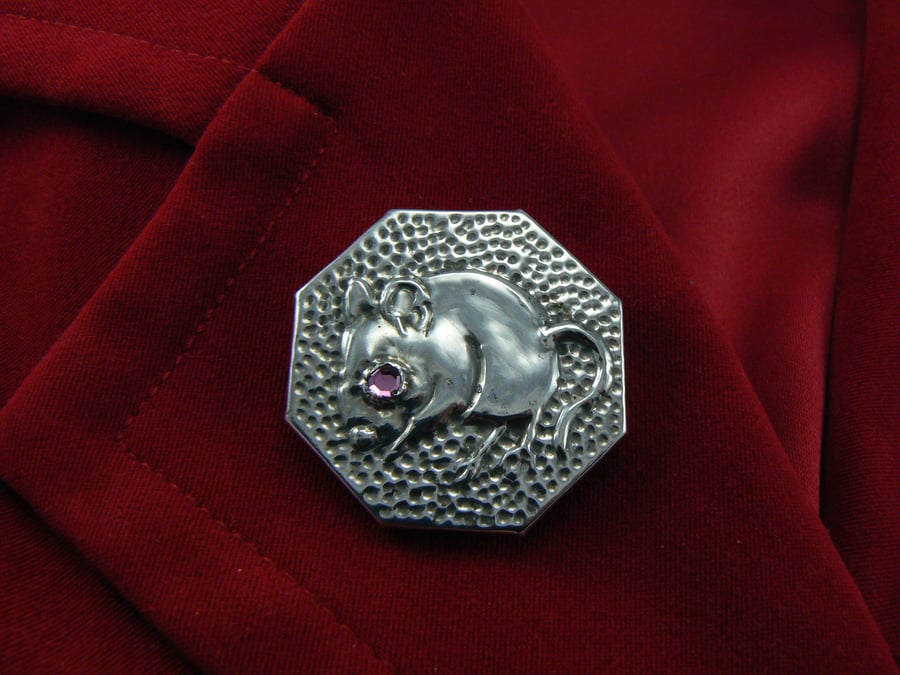Octagonal Pewter mouse brooch