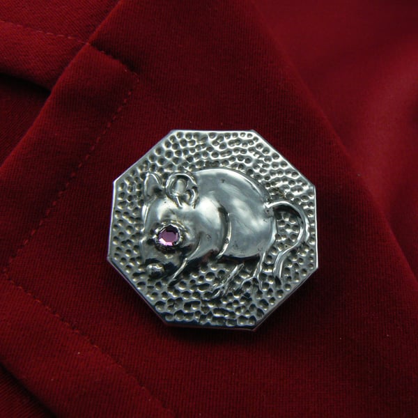 Octagonal Pewter mouse brooch