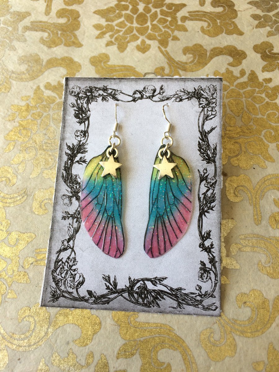Pastel Rainbow Star Glitter Fairy Wing Sterling Silver Earrings