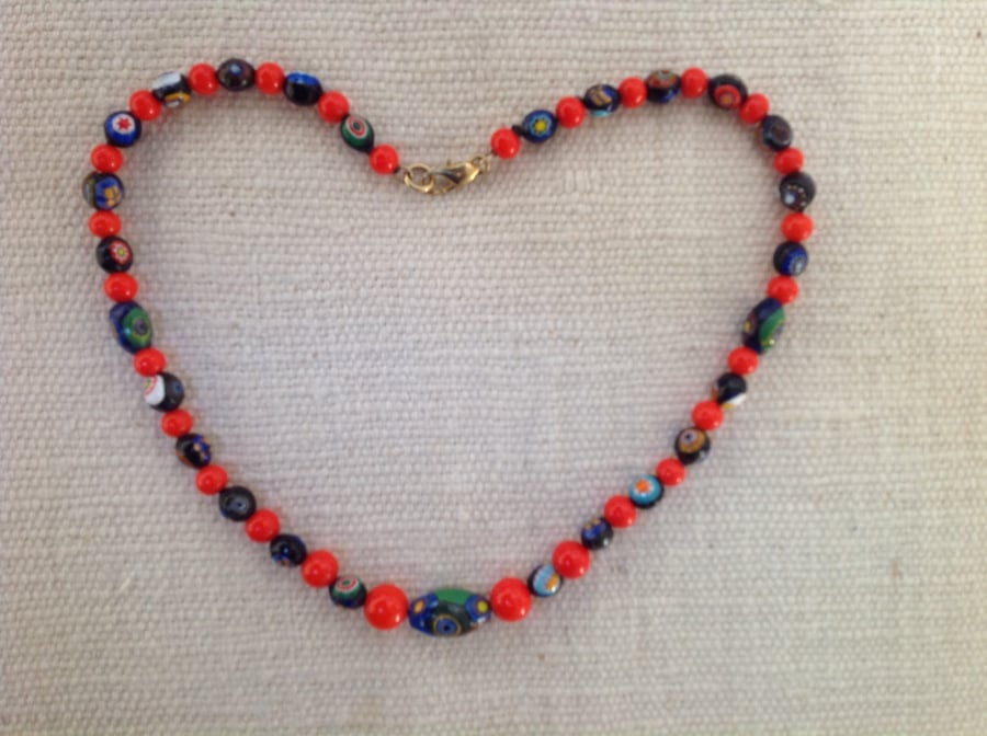 New necklace with vintage Murano millefiori and plain red glass beads