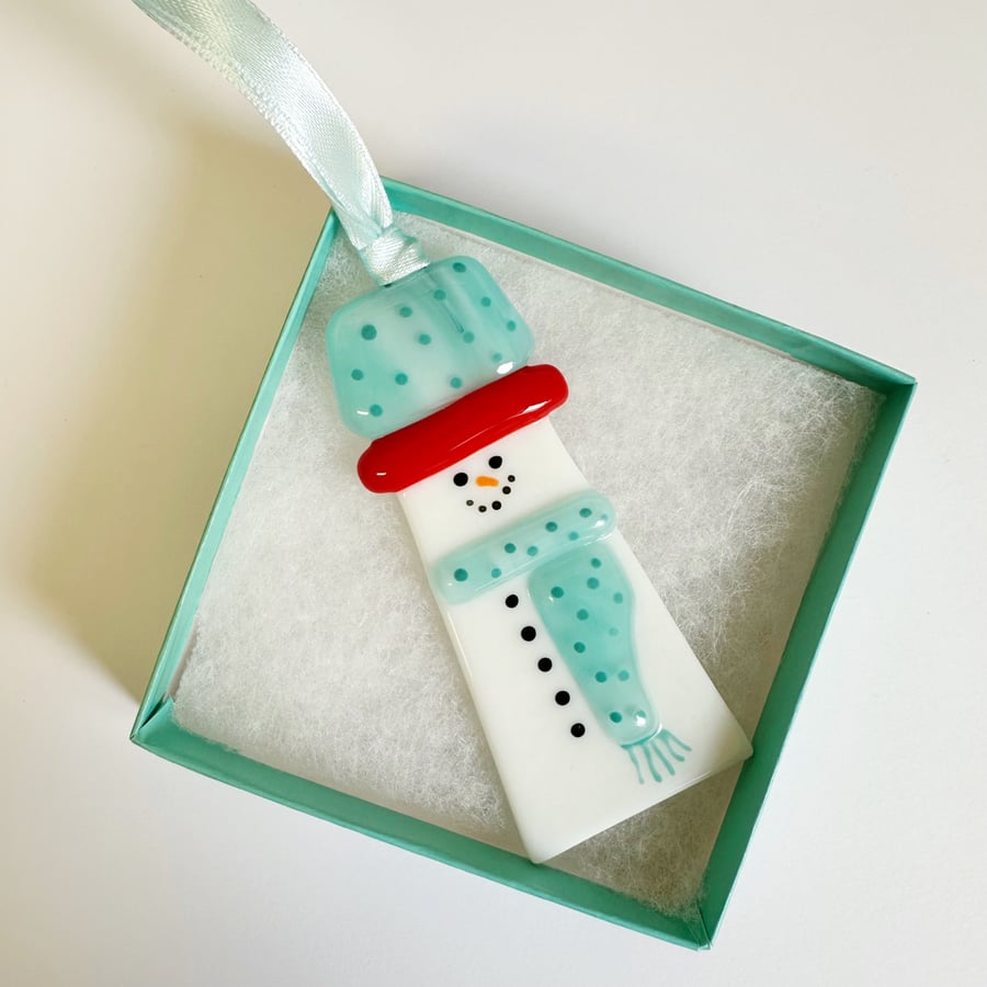 Fused Glass Snowman Tree Decoration-Aqua