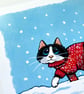 Festive Tuxedo Cat in Snow A4 Art Print - Image 2