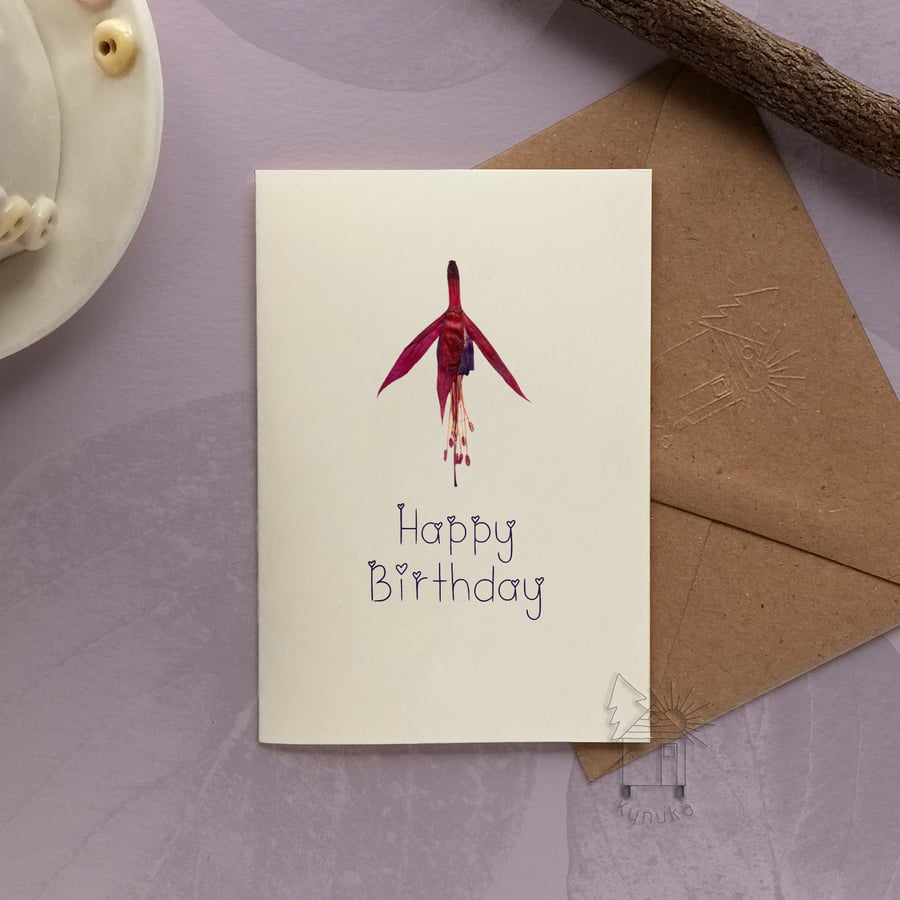 Happy Birthday Card, Fuchsia, pressed flower printed card