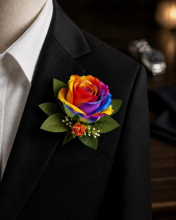 Rainbow Rose Buttonhole - LGBTQ Pride Artificial Rainbow Wedding Boutonniere