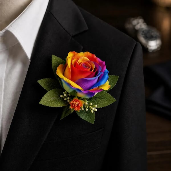 Rainbow Rose Buttonhole - LGBTQ Pride Artificial Rainbow Wedding Boutonniere
