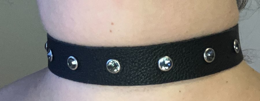 Black Leather Choker with 7 Greyish Black Gemstones (custom sized 12"-14")