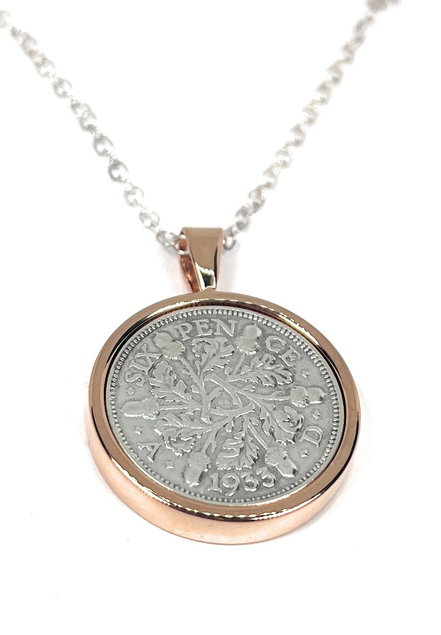 1933 91st Birthday Anniversary sixpence coin pendant plus 18inch SS chain RG 