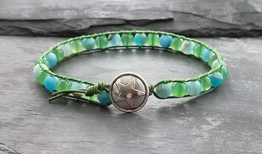Green and blue agate and leather bracelet, star button, semi precious 