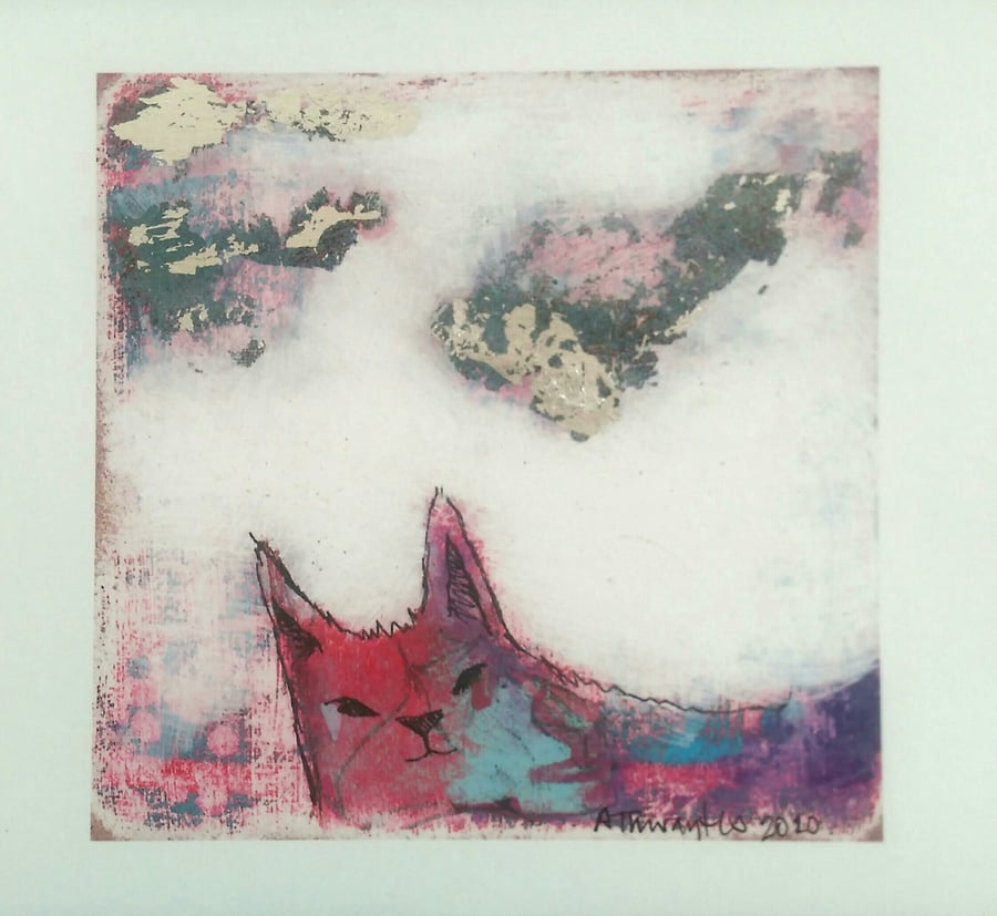 Cloudwatching cat, giclee print from original painting, cat art.