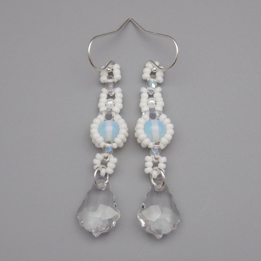 White beadwoven moonstone and baroque crystal drop earrings 
