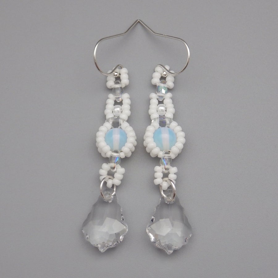 White beadwoven moonstone and baroque crystal drop earrings 