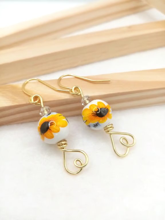 Porcelain Sunflower Earrings with Austrian Crystals & Gold Heart Gift