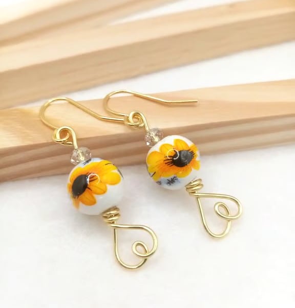 Porcelain Sunflower Earrings with Austrian Crystals & Gold Heart Gift