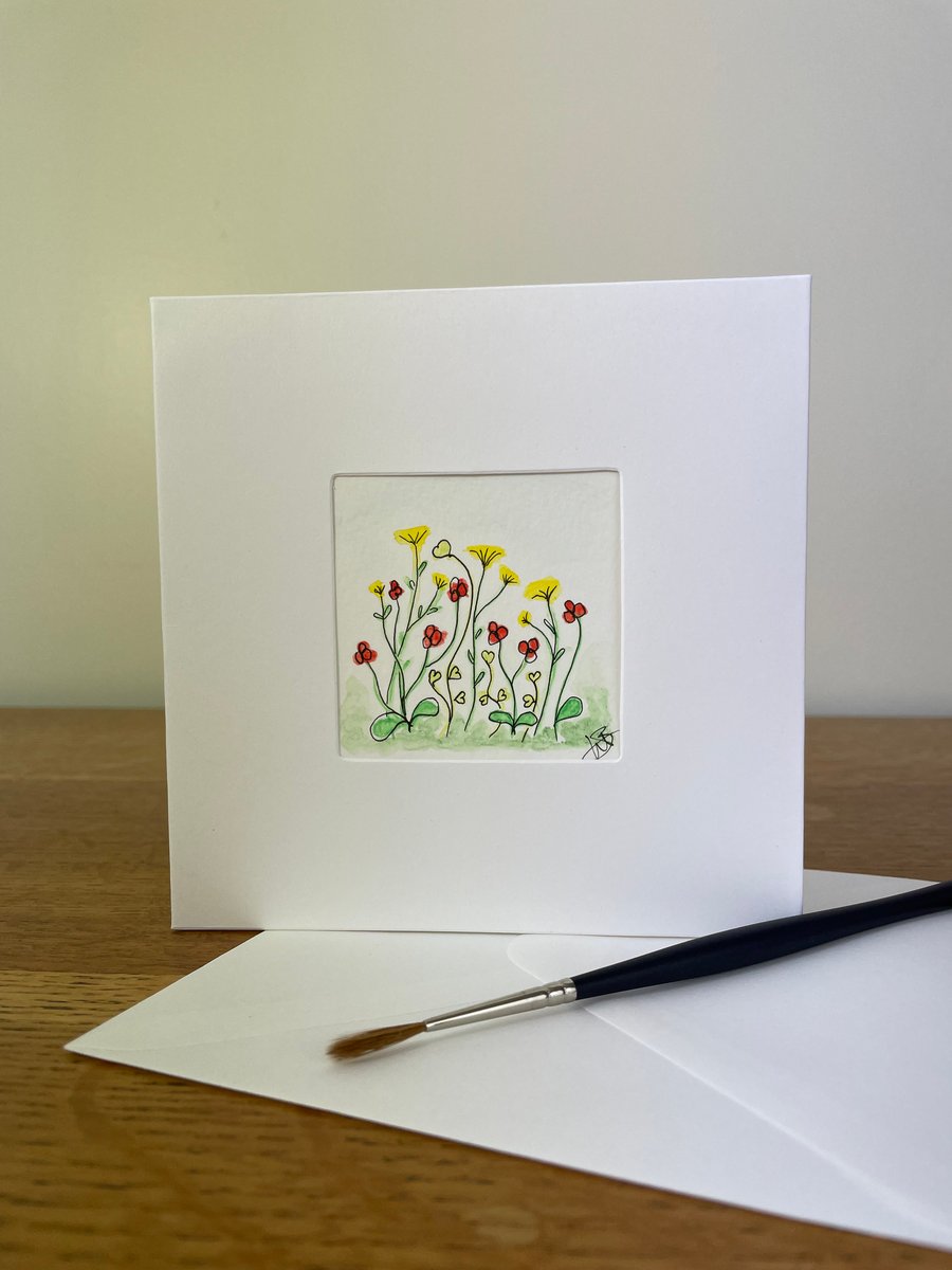 Hand Painted Greeting or Keepsake Card watercolour & ink flowers original art.