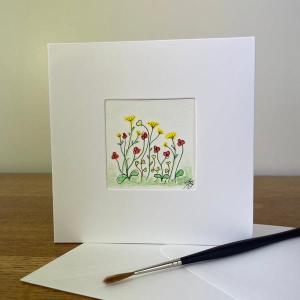 Hand Painted Greeting or Keepsake Card watercolour & ink flowers original art.