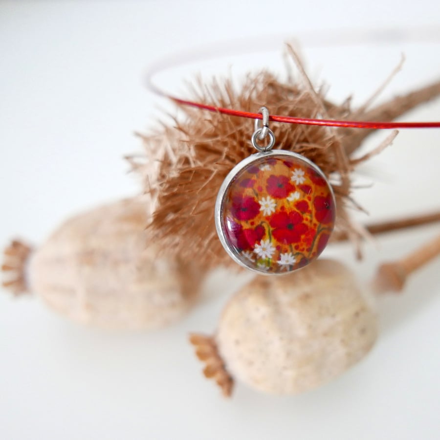 Poppy Pendant, Red Necklace, Floral Choker, Flower Jewellery 