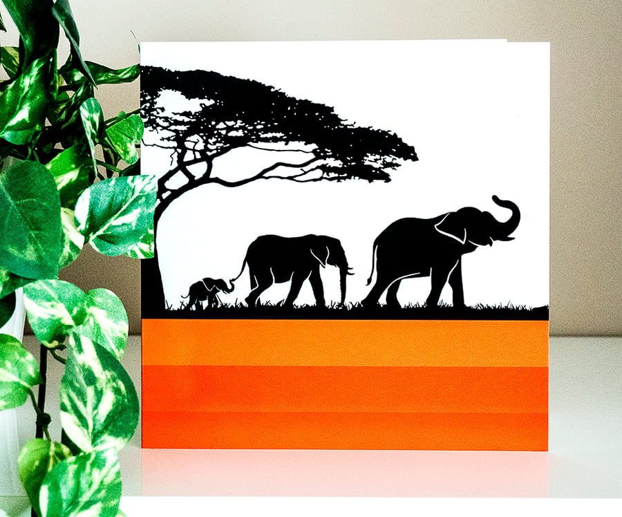 Graphic Elephant Family Blank Greetings Card Illustration 6 inch square 