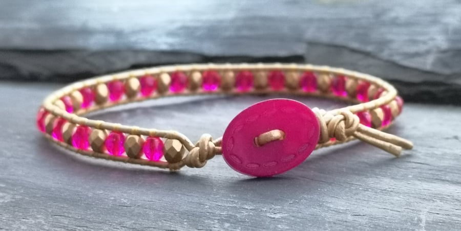 Pink and gold leather and glass bead bracelet