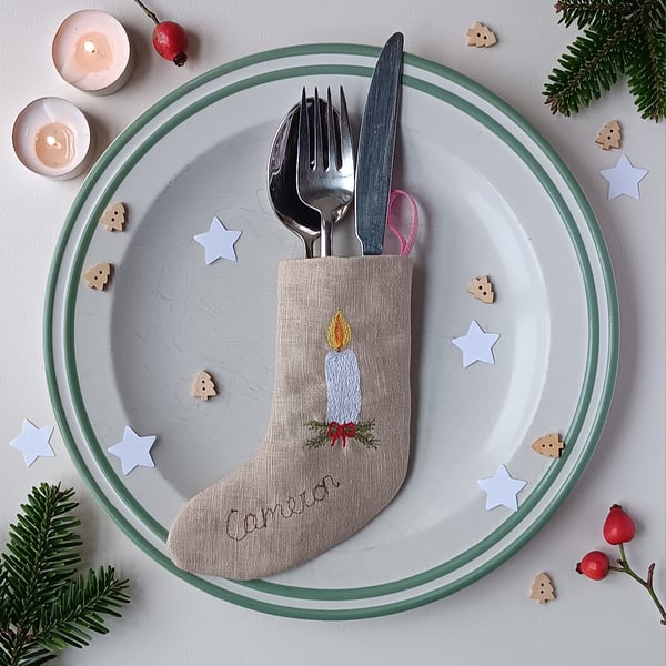 Personalised Cutlery Christmas Stocking with Embroidered Candle