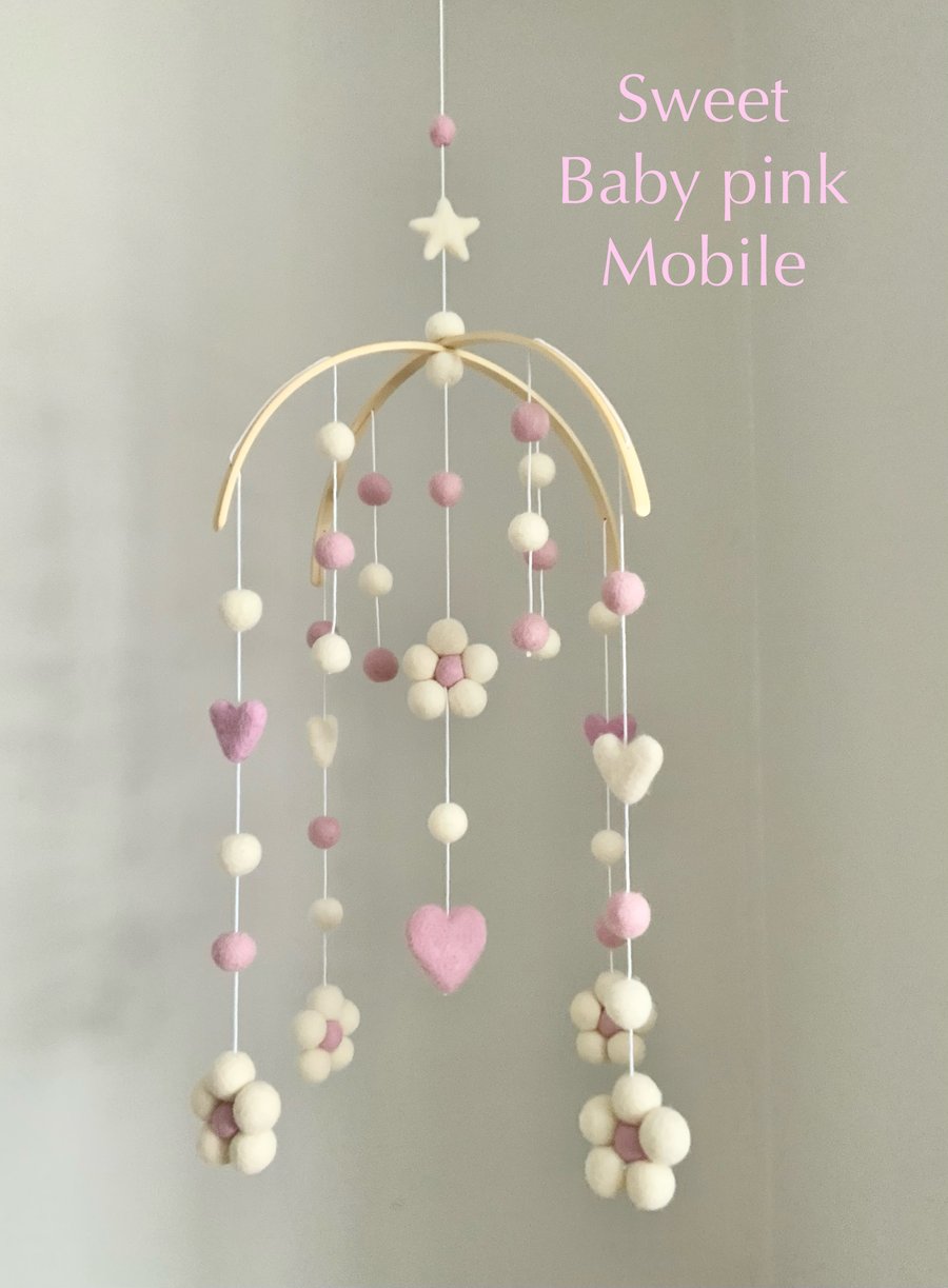 Pink daisies with hearts nursery mobile , baby pink flower and heart mobile