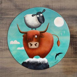 Ellie the Highland and Bouzy Boo Sheep - Circular Glass Worktop Saver