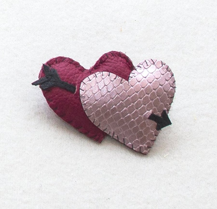 Two Hearts - Valentine - Tattoo Inspired Stitched Leather Brooch