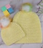 Matching Mum and Baby Crochet Hats, Lemon Yellow Pom Pom Beanie Set - Image 5