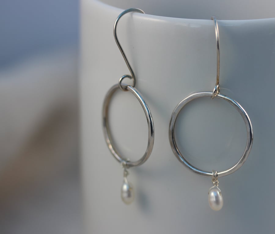 Recycled Sterling Silver Hoop Earrings With Freshwater Pearl