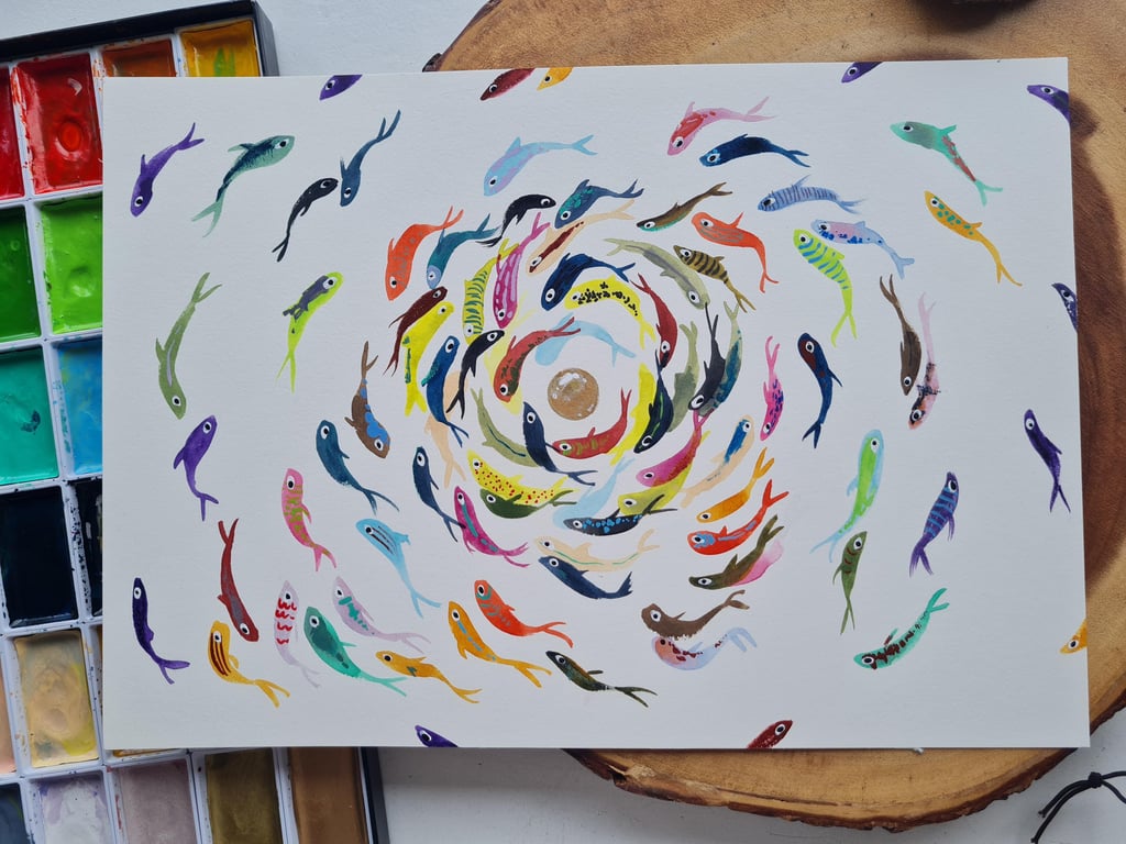 Original art colourful swirling fish watercolour painting