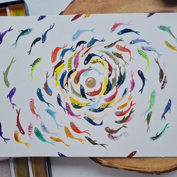 Original art colourful swirling fish watercolour painting