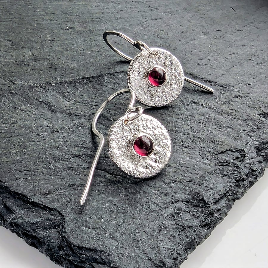 STERLING SILVER Garnet Disc Drop Earrings, Handmade Urban Jewellery