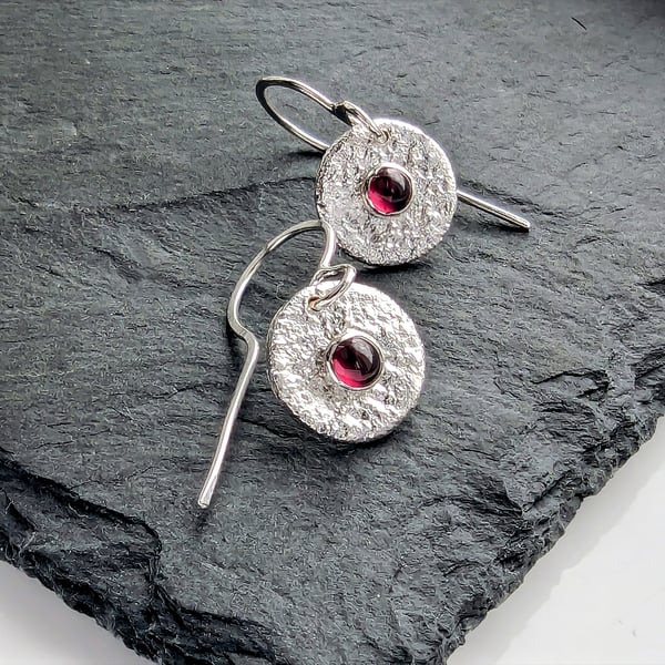STERLING SILVER Garnet Disc Drop Earrings, Handmade Urban Jewellery