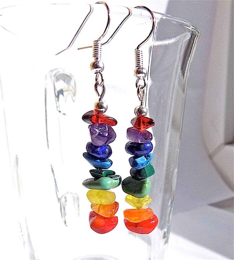 Rainbow chakra gem stone dangle earrings for pierced ears.