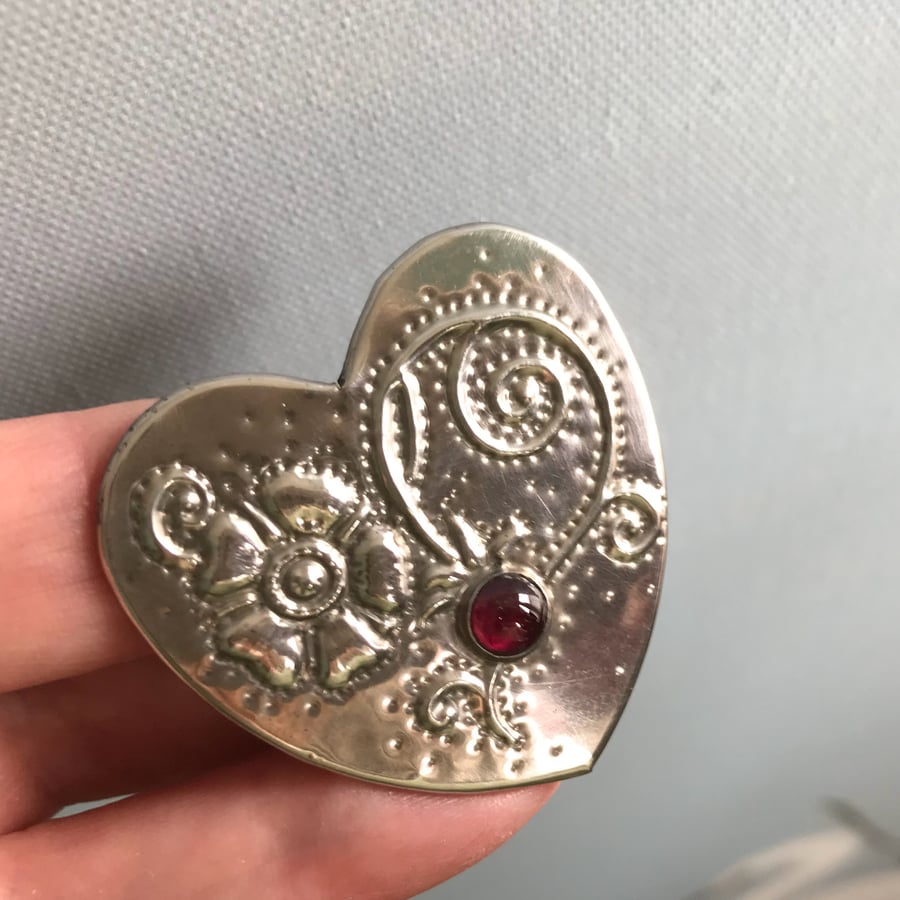 Strawberry Flower Heart Brooch with Garnet