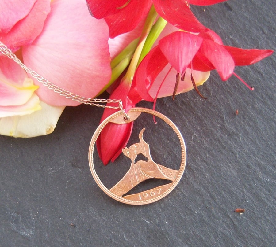 Upcycled penny coin cat on (rainbow bridge) pendant
