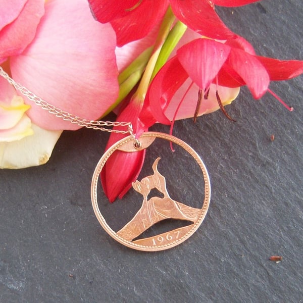 Upcycled penny coin cat on (rainbow bridge) pendant