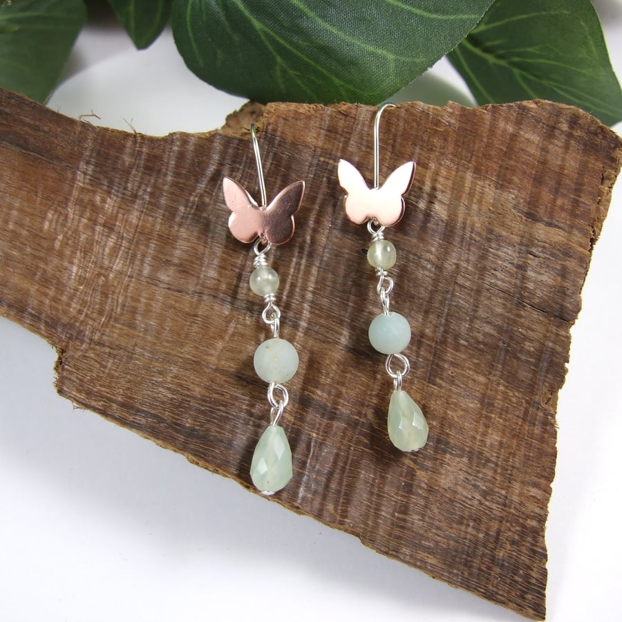Butterfly Earrings, Sterling Silver and Copper with Prehnite, Amazonite & Jade