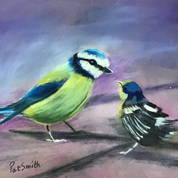Original Pastel, Painting, Blue Tit & Chick by Pat Smith, 13” x 11”
