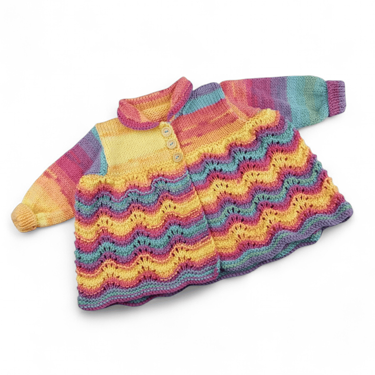 Baby Girl Cardigan 0-3 Months, Rainbow Hand Knitted Matinee Coat