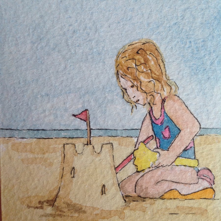 Original watercolour 'Sandcastle on the Beach' ACEO 