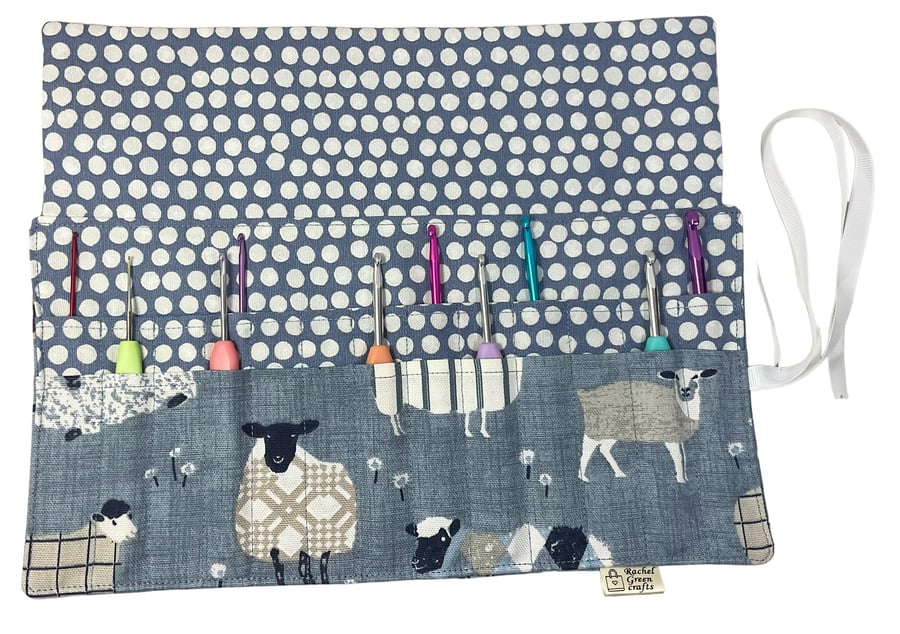 Crochet hook case with blue sheep, ergonomic hook organiser, roll up case, Sheep