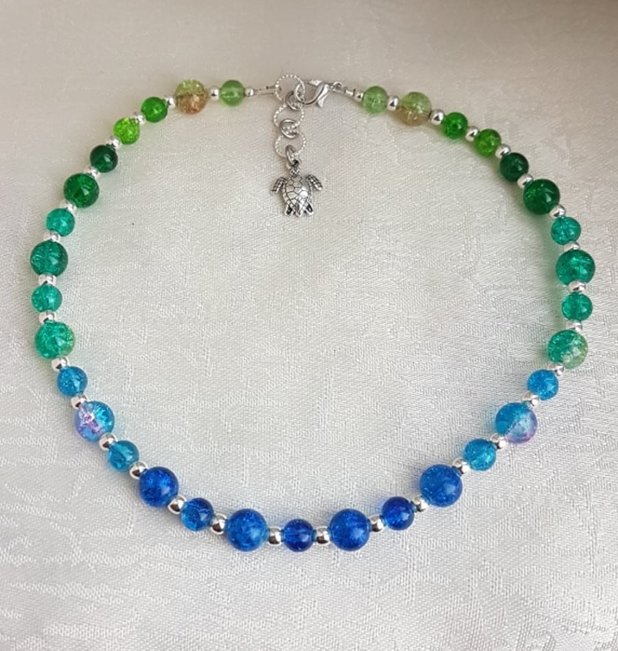 Beautiful Blue and Green Glass Choker Necklace with Sea Turtle charm.