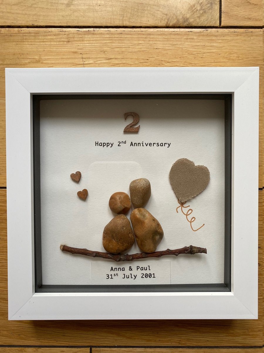 Second Wedding Anniversary PebbleArtwork Frame, Cotton Anniversary Gift, 2nd Wed
