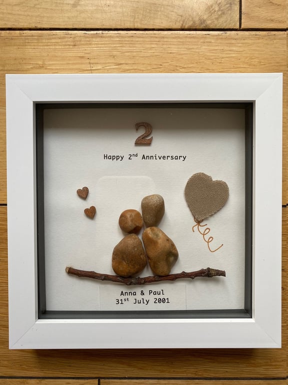 Second Wedding Anniversary PebbleArtwork Frame, Cotton Anniversary Gift, 2nd Wed