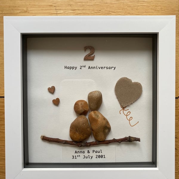 Second Wedding Anniversary PebbleArtwork Frame, Cotton Anniversary Gift, 2nd Wed