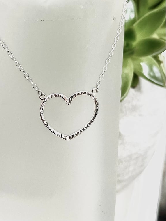 Large Sterling Silver Hammered Heart Necklace