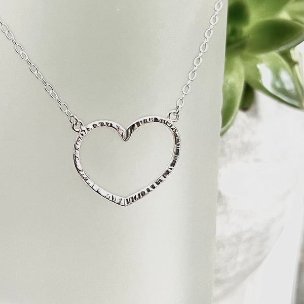 Large Sterling Silver Hammered Heart Necklace