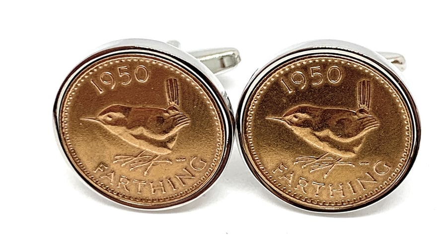 Luxury 1950 Farthing Cufflinks for a 74th birthday. British Farthings Slv